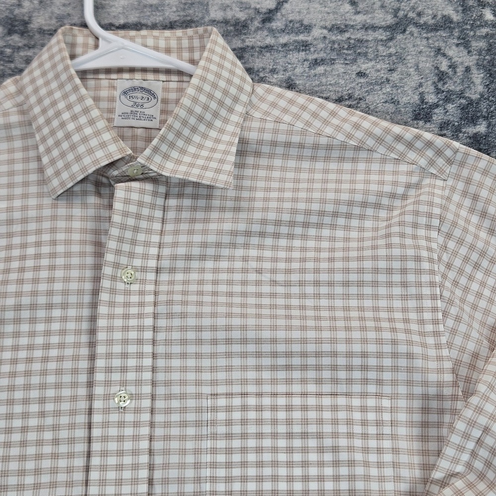 Brooks Brothers 346 Dress Shirt Men 15.5 2/3 Plaid Non-Iron Stretch Slim Fit